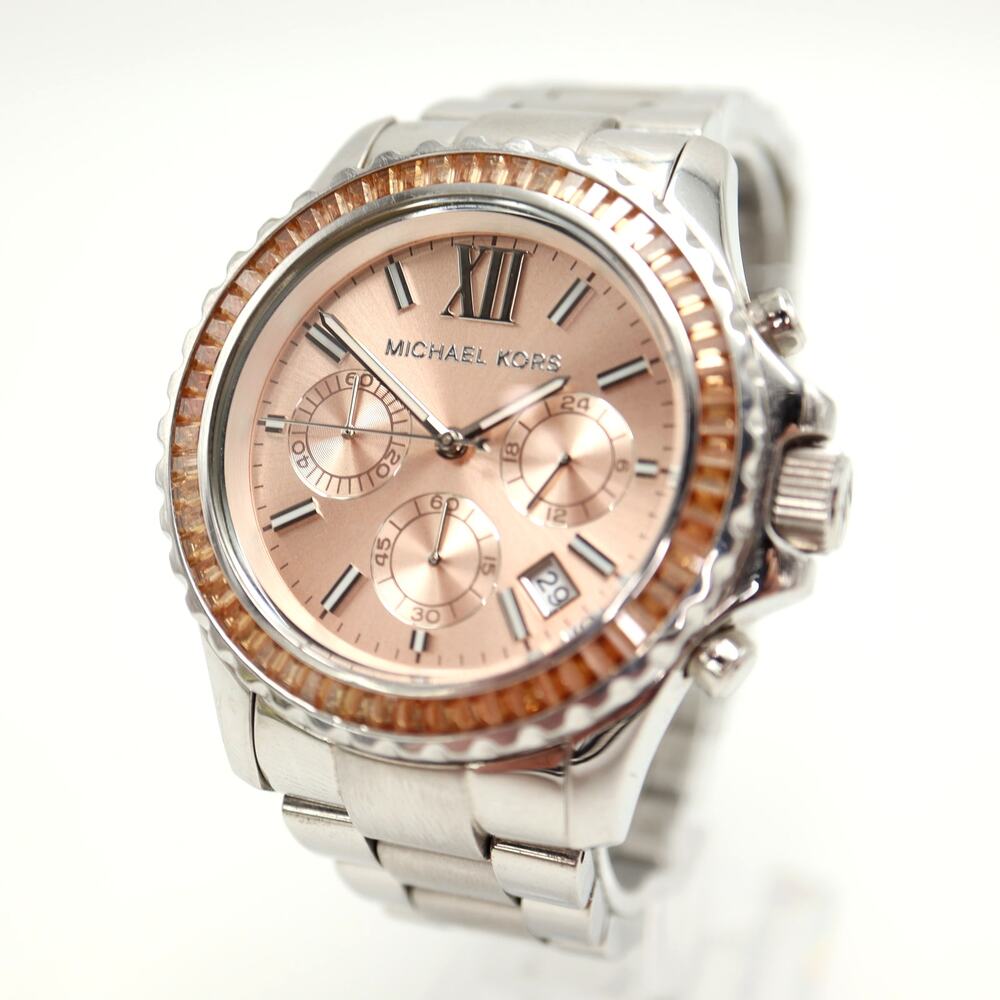 Michael Kors Silver Tone 42mm Chronograph Watch Rose Salmon MK5870 New Battery